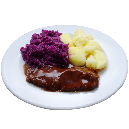 Sucadelap (r) vleesjus, rode kool met appel Aardappelpuree(natrium/zoutarm)